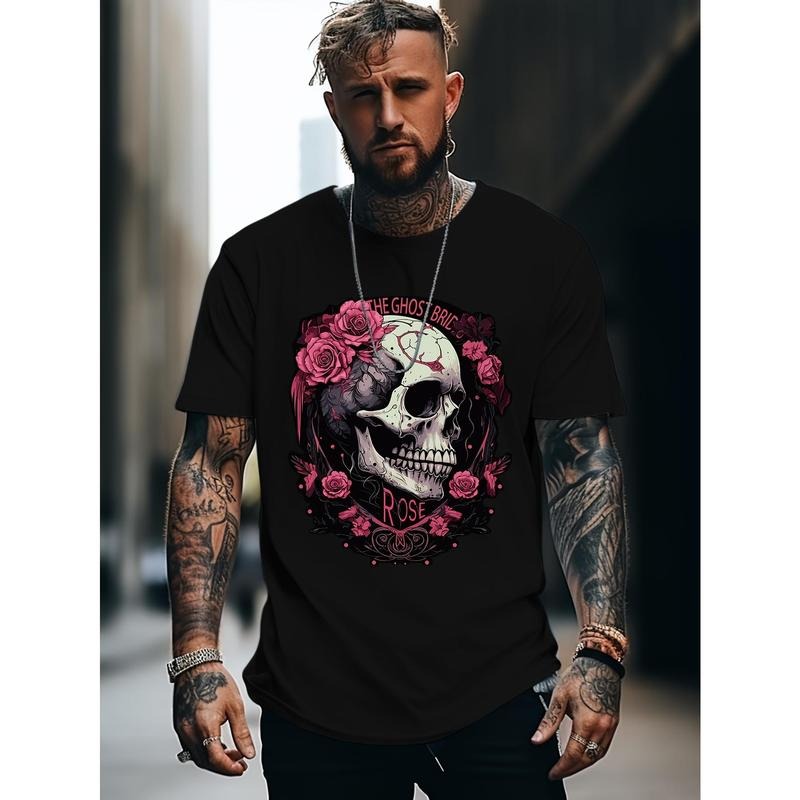 Comfy Skull & Rose Graphic Print Short Sleeve T-Shirts - Men's Casual Crew Neck Tops for Outdoor Activities