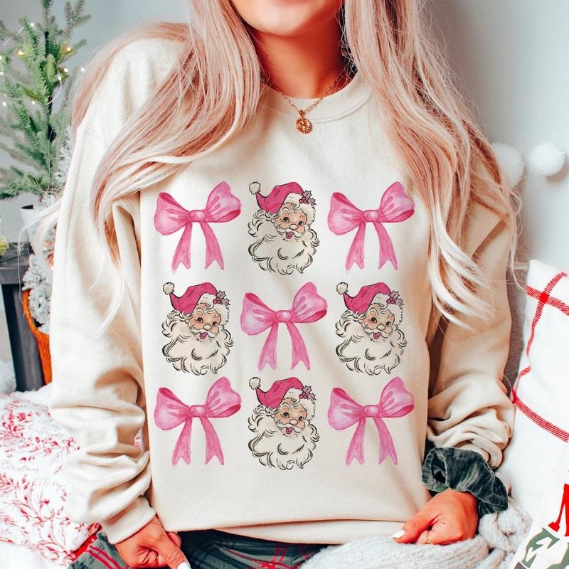 Coquette Christmas Shirt, Pink Bow Christmas Shirt, Pink Santa Sweatshirt, Christmas , Vintage Christmas Cotton Crewneck...