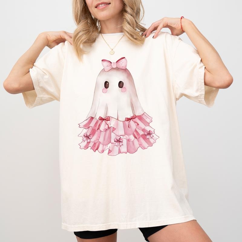 Coquette Ghost Shirt Comfort Colors, Cute Ghost Halloween Graphic Printed Tee, October Vibes Shirt For Women, Spooky...