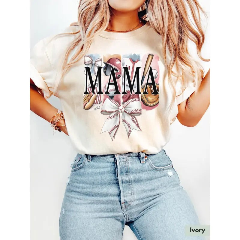Coquette Mama Baseball T-Shirt, Baseball Mom Shirt for Womens, Baseball Gift, Baseball Lover Gift, Baseball Season Bow...