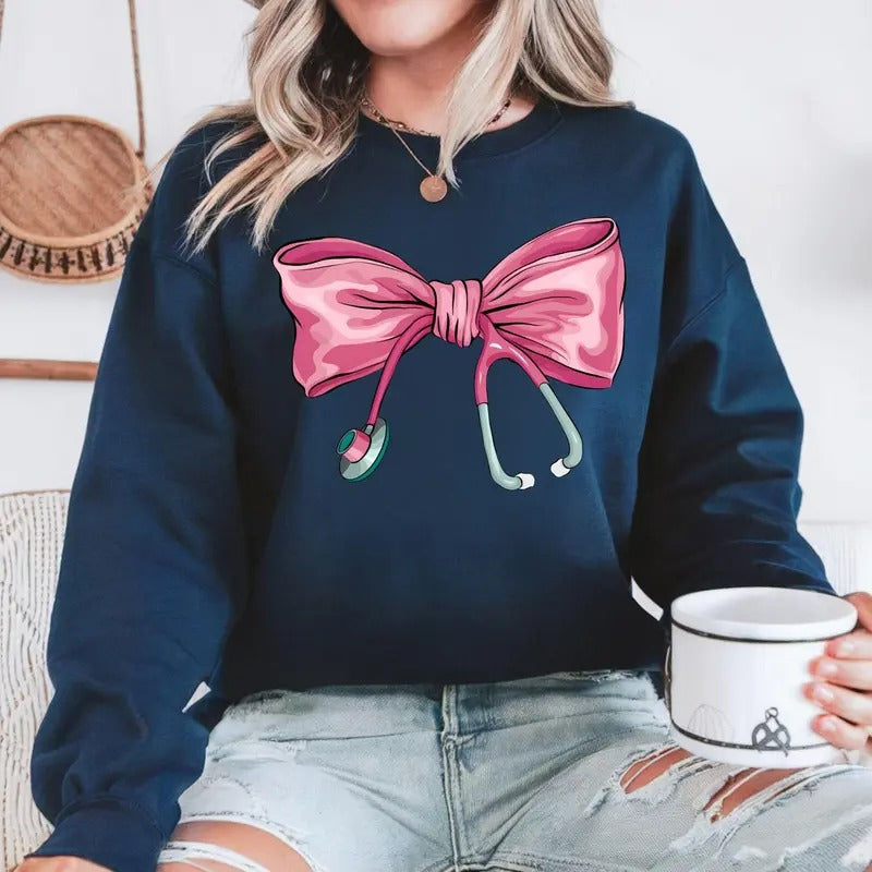 Coquette Nurse Stethoscope Bow Sweatshirt, Gift For Nurse, Bow Oversized Crewneck, Nurse Appreciation Shirt, Nurse Shirt,...
