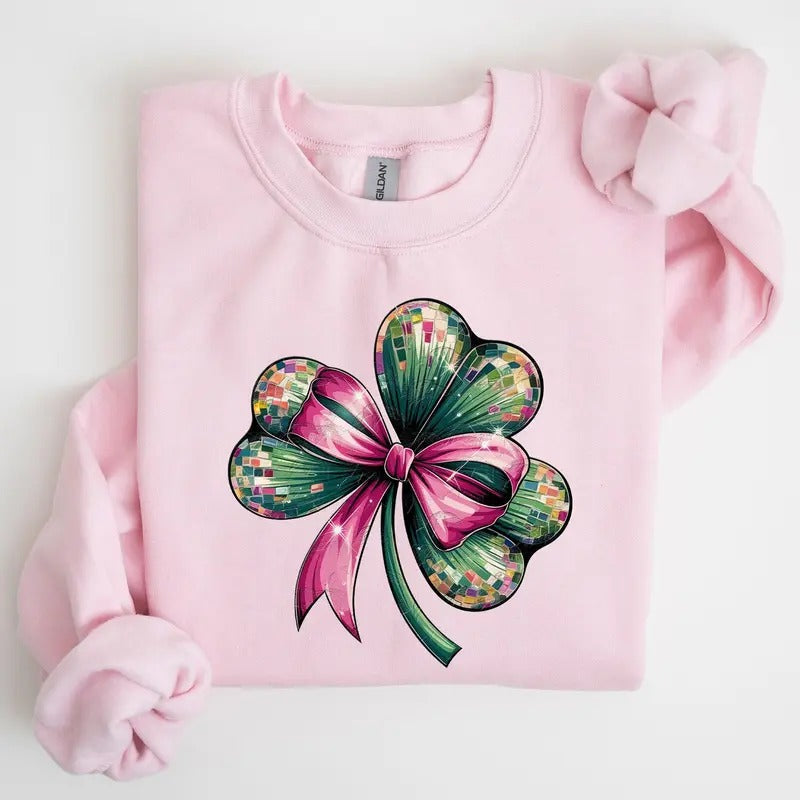 Coquette, Disco Ball, Bow, Shamrock, Clover, Irish, Lucky, Lucky Charm, St Patrick's Day Sweatshirt, Crew Neck, Women's,...