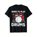 [Cotton Drummers Tee] Cotton 1pc Men's Crew Neck T-Shirt - Born to Play Drums Graphic, Geometric-Pattern, Short Sleeve,...
