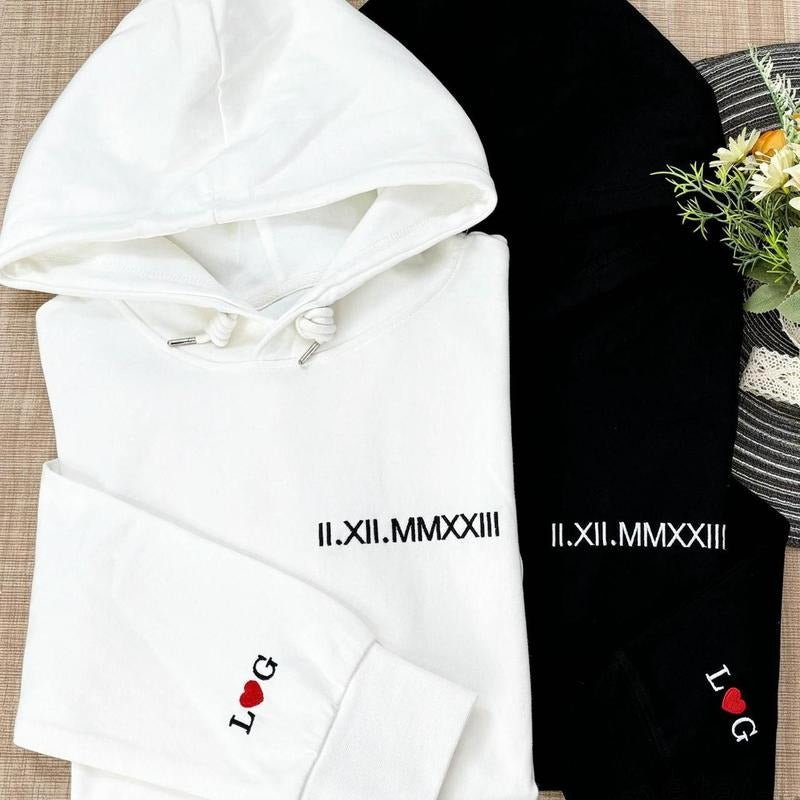Custom Embroidered Roman Numeral Hoodie, Personalized Matching Sweatshirt, Customized Date And Initial Outfit On Sleeve,...