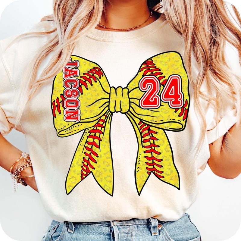Custom Name Softball Coquette Bow T-Shirt, Mama Softball T-Shirt, Game Day Shirt, Softball Mom T-Shirt, Retro Sports Mom,...