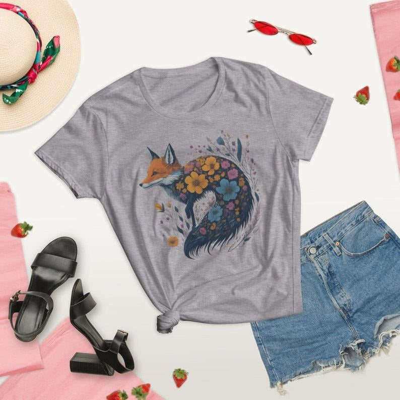 Cute Flower Fox T Shirt Hoodie Sweater, Wildflower Meadow, Woodland Lover Gift for Her, Fairycore Tee, Vintage Floral...