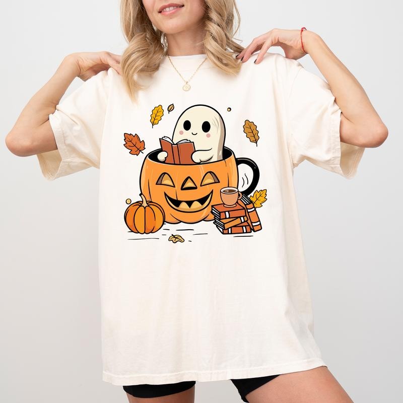 Cute Ghost Reading Book Comfort Colors Shirt, Retro Fall Graphic Tee, Book Lover Fall Unhinged Shirt, Funny T-shirt For...