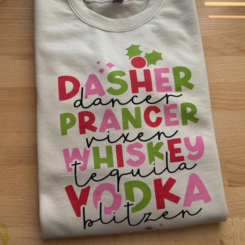 Dasher Dancer Whiskey Vodka Sweatshirt T-Shirts, Hoodie | RetroVerseTees.com