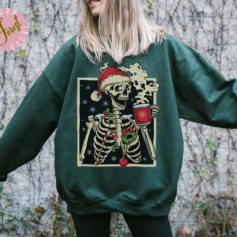 Dead Inside Skeleton Christmas Sweatshirt Coffee Lover Christmas Gift Fall Sweater Sarcastic Christmas Coffee Shirt Merry...