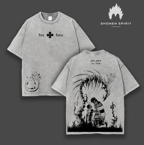 "Devil'WB shield Footprints" Shinra Kusakabe - Fire Force Anime Double Printed Vintage Washed Tee Unisex Oversize Anime...