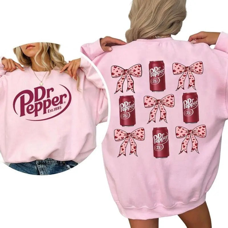 Dr Pepper Coquette Bow Pink Hoodie, Retro Soda Dr Pepper Hooded, 2 Sided Casual Classic Cotton Crewneck Graphic Shirt...
