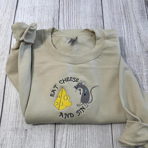 "Eat Cheese and Sin Embroidered Sweatshirt, Playful and comfort Fit Sweater" T-Shirts, Hoodie | RetroVerseTees.com