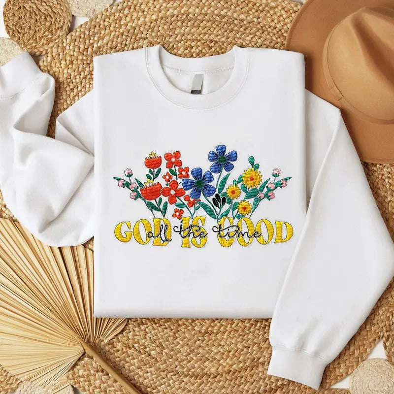 Embroidered God is Good Wildflower Sweatshirt, Botany Embroidered Hoodie, Cottage Core Embroidery T-shirt, Crew Neck...