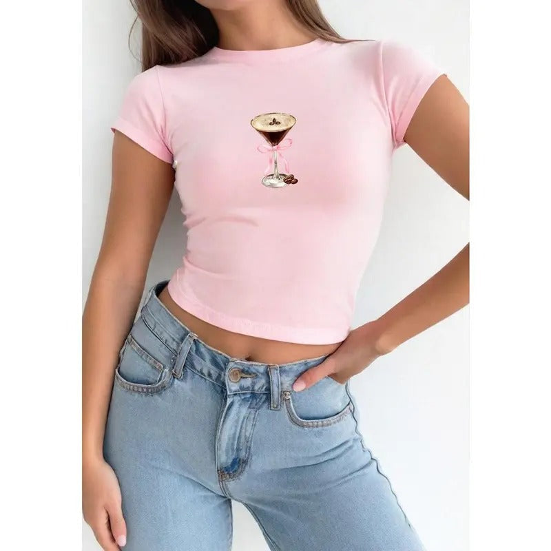 Espresso Martini Pink Bow Baby Tee, Baby Tee, Cute Bow Graphic T Hoodie, Sweatshirt | RetroVerseTees.com