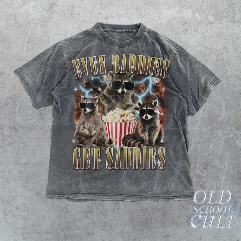 Even Baddies Get Saddies Vintage Graphic T-Shirt, Retro Funny Alpha Raccoon Bootleg T Shirt, Vintage Opossum T Shirt...