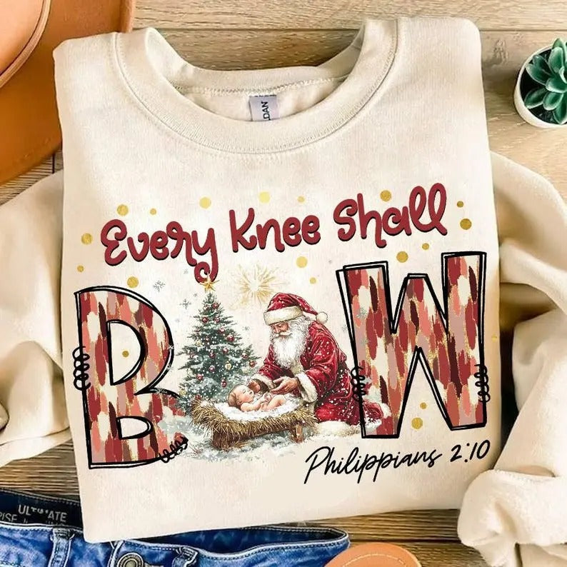 Every Knee Shall Bow sweatshirt,hoodie,tshirt, sublimation, Nativity Scene shirt, Santa Christmas hoodie, Christmas...