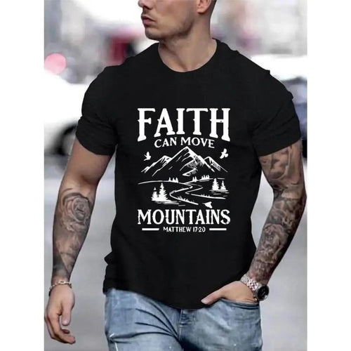 "FAITH Can Move Mountains" Men's Cotton T-Shirt - Short-Sleeved, Round Neck, Black with White Print, Inspirational...