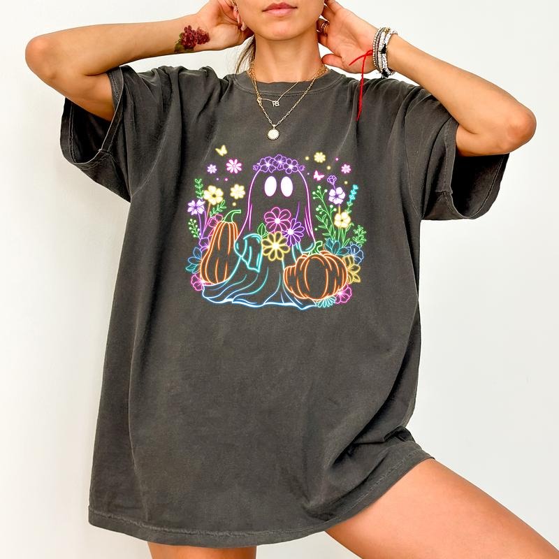 Fall Pumpkin Ghost Neon Shirt Comfort Colors, Cute Neon Boo Halloween Tee, Funny Halloween Neon T-shirt For Women, Spooky...