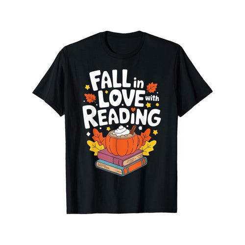 'Fall in Love with Reading' Pumpkin Graphic T-Shirt - 100% Cotton, Crew Neck, Short Sleeve, Casual Printed Tee for...