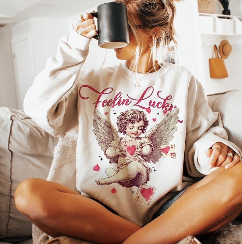 Feeling Lucky Cupid Valentines Sweatshirt Valentines Day  , Funny Vday , Aesthetic Valentines , Love, Heart T-Shirts, Hoodie