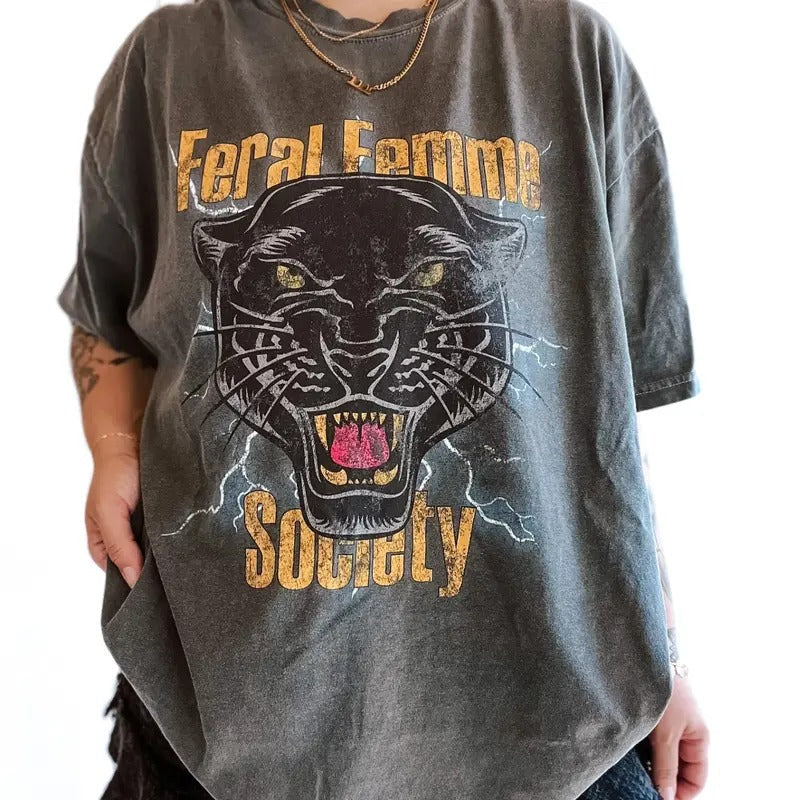 Feral Femme Society tee, feminist girl power womens rights shirt, empowering band tee, vintage inspired graphic tee...