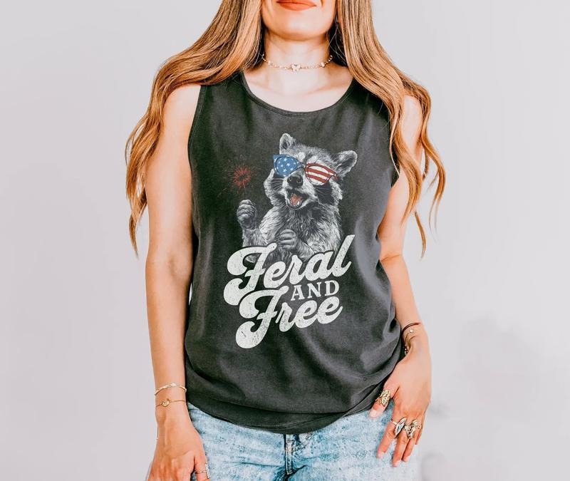 Feral and Free Raccoon Tank, Funny 4th of July Tank Top, Feral Girl Summer, Firecracker Shirt, Comfort Colors, Vintage...
