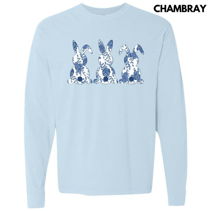 Floral Blue Bunny Trio Long Sleeve Comfort Colors T-Shirt 'NLB' Hoodie, Sweatshirt | RetroVerseTees.com