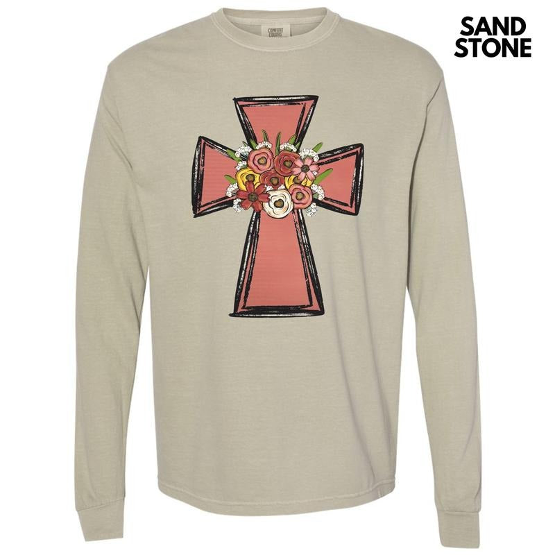 Floral Cross Long Sleeve Comfort Colors T-Shirt Hoodie, Sweatshirt | RetroVerseTees.com