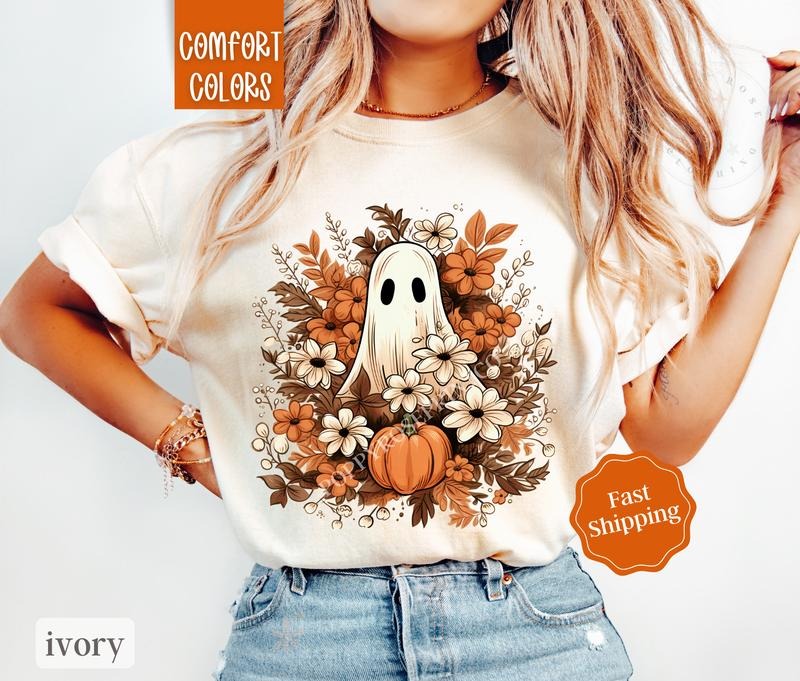 Floral Ghost Shirt Comfort Colors, Halloween Tshirt for Women,  Fall Season Shirt Oversized Crewneck Tee Hoodie, Sweatshirt