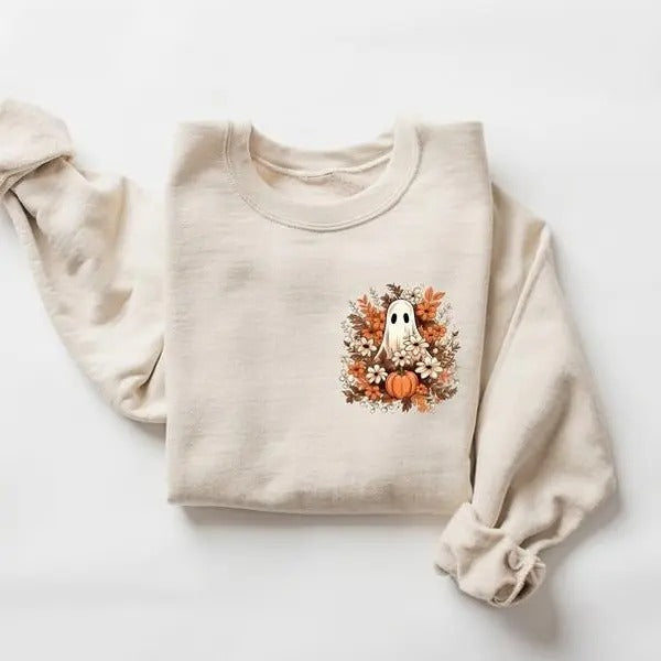 Floral Ghost Sweatshirt, Pocket Floral Ghost Shirt, Halloween Ghost Sweatshirt, Flower Halloween Shirt, Vintage...