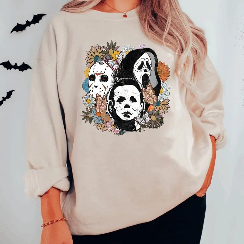 Floral Horror Characters Halloween Sweatshirt, Halloween Horror Shirt, Horror Movie Sweatshirt, Vintage Halloween...