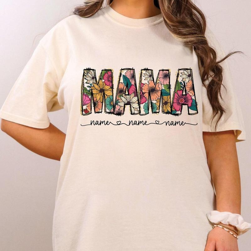 Floral Mama Comfort Colors Shirt, Mama Flower with Kids Names Comfort Colors Oversized T-shirt, Retro Boho Mama Shirt,...