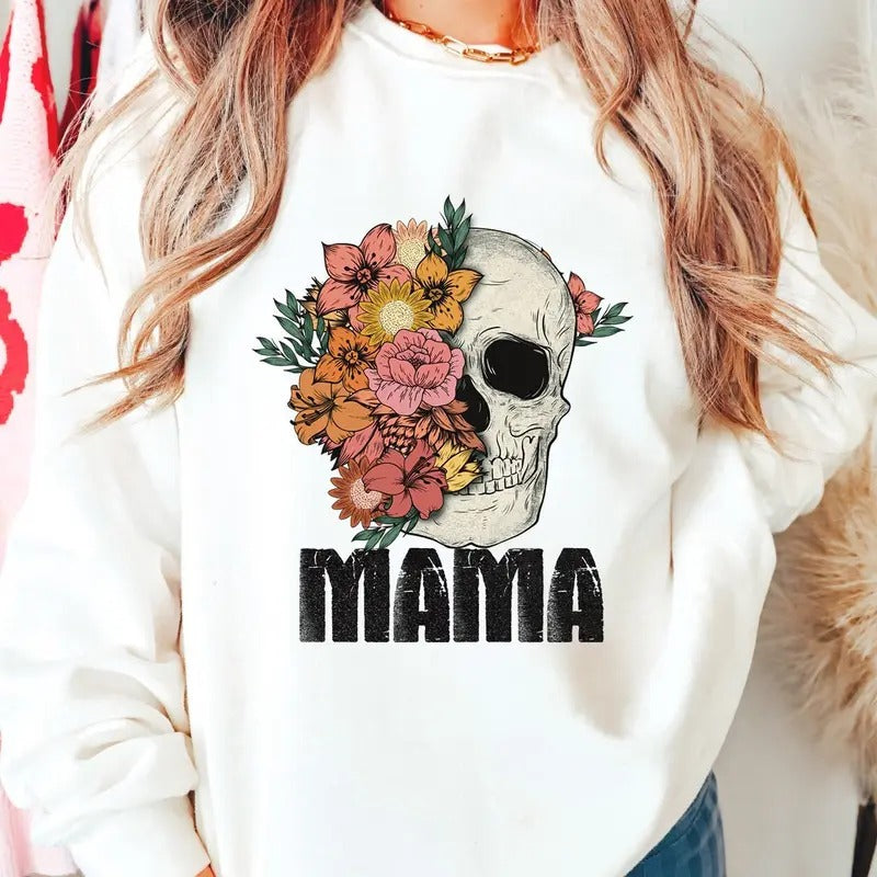 Floral Skull Mama Sweatshirt, Skull Sweatshirt, Skull Sweatshirt, Retro Sweatshirt, Hippie Sweatshirt, boho Sweatshirt,...