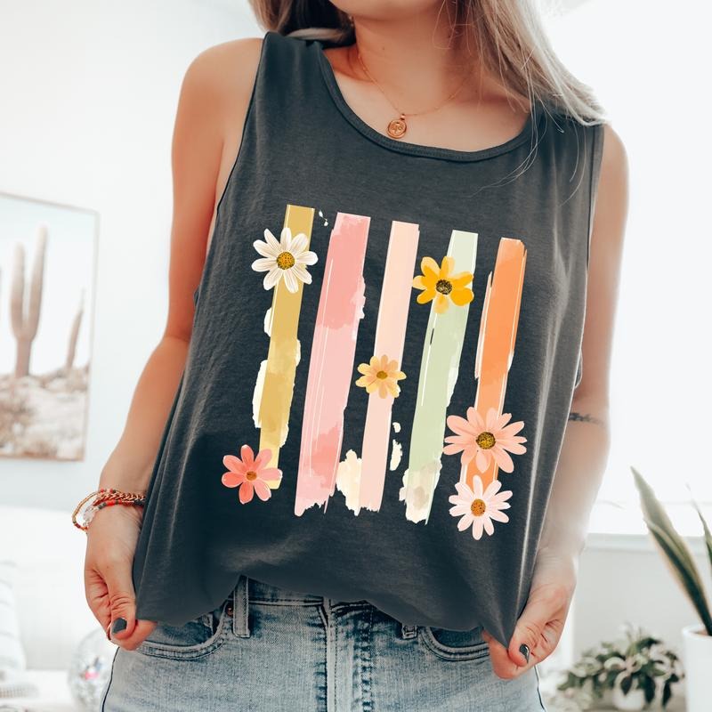 Floral Stripes, Minimalist, Flowers, Gorgeous Comfort Colors Tank Top, Women's Comfort Colors Tank Top T-Shirts, Hoodie,...