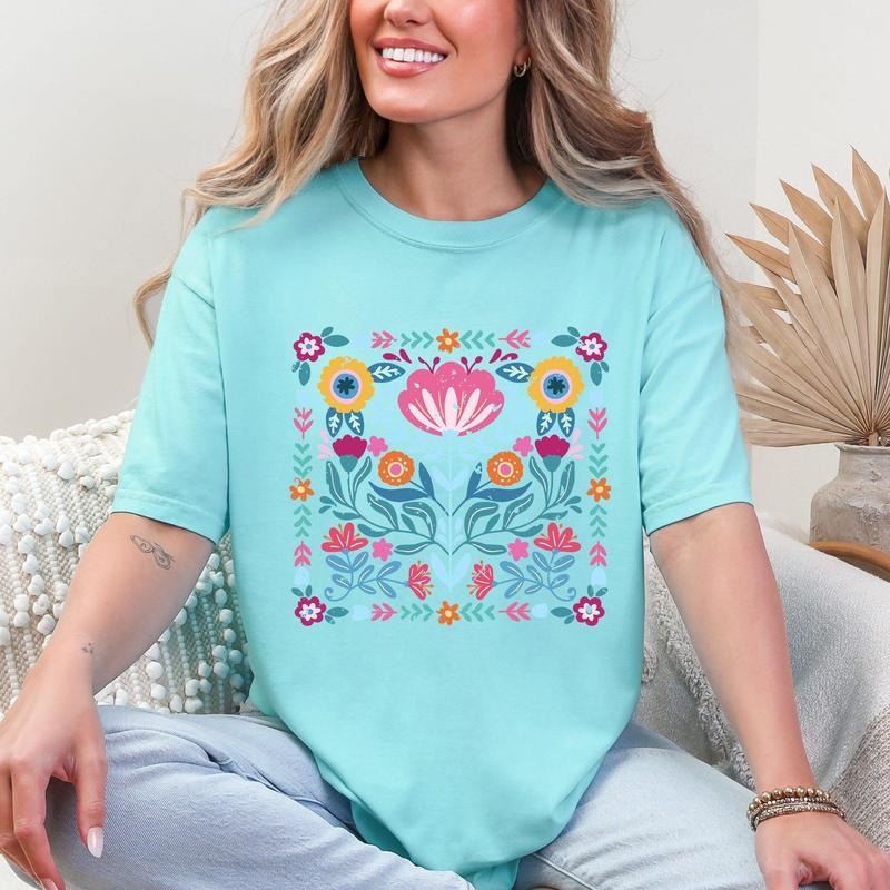 Folk Art Flowers, Summer, Floral, Retro, Comfort Colors T-Shirt, Women's Comfort Colors Tee Hoodie, Sweatshirt