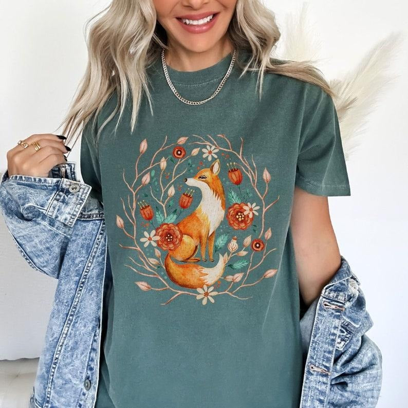 Fox Cottagecore T Shirt Hoodie Sweater, Boho Vintage Style Tee, Forestcore Shirt,Botanical Forest Animals, Folk Art...