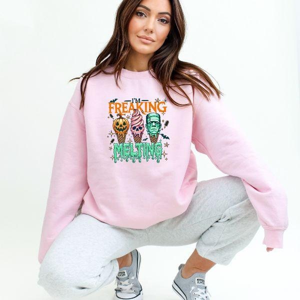 Freaking Melting" Halloween Character Ice Cream Cone Sweatshirt - Retro Vintage Colors, Long Sleeve Crewneck, Unisex...