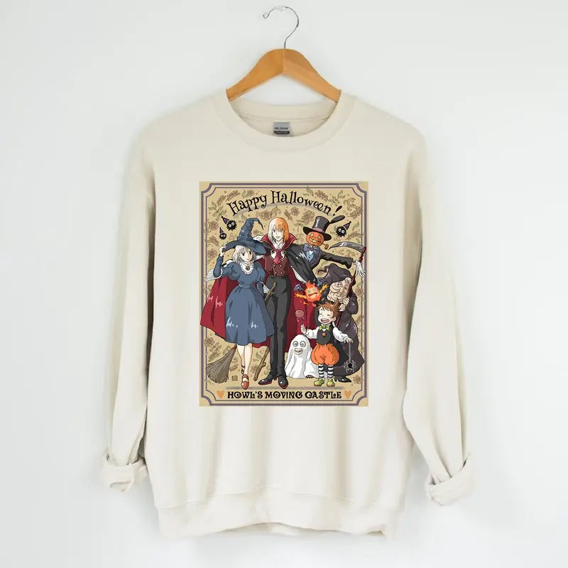Funny Anime Halloween Sweatshirt, Howls Moving Castle, Howl And Sophie, Calciferstyle{n002}3 T-Shirts, Hoodie