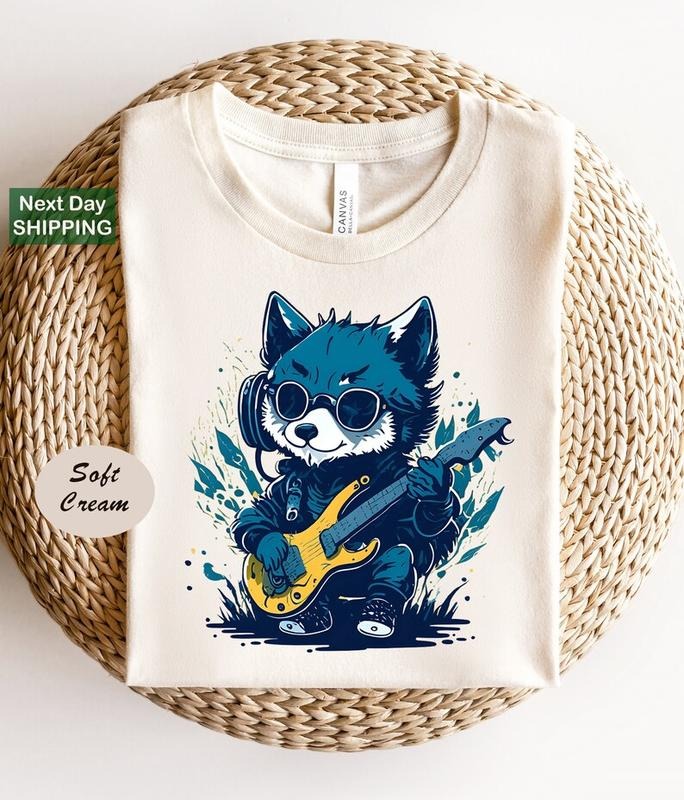 Funny Baby Wolf Playing Guitar and Listening Music T Shirt Hoodie Sweater, Baby Wolf and Music Lovers Shirt, Funny Animal...
