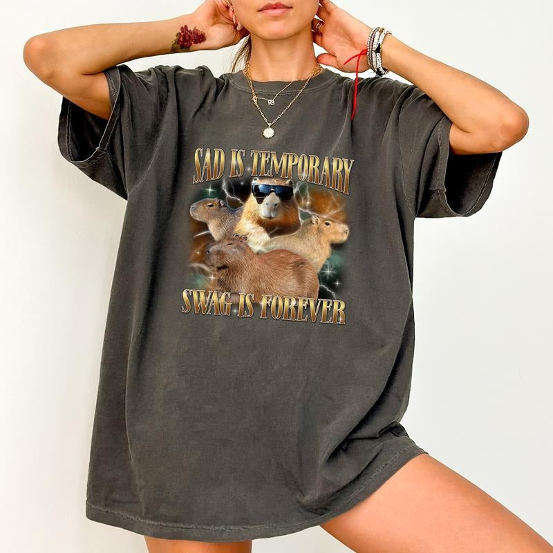Funny Capybara Shirt Comfort Colors, Sad Is Temporary Swag is Forever Y2k Retro T-Shirt, Vintage 90s Bootleg Graphic Tee,...