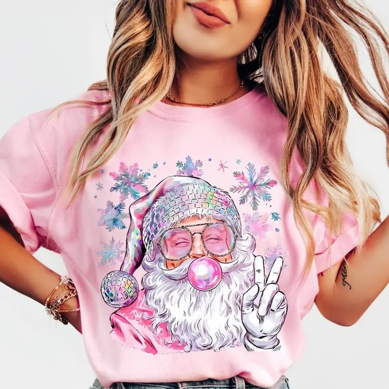 Funny Santa Chewing Gum Pink Snowflakes Christmas T-shirt Cotton Womenswear Hoodie, Sweatshirt | RetroVerseTees.com