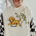Funny Skeleton Chasing Golden Doodle Dog Halloween T-Shirt | Spooky Graphic Tee Comfort Colors Style Hoodie, Sweatshirt