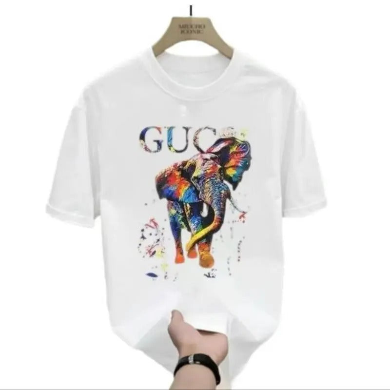 G Luxury Retro Colorful Elephant Cotton Unisex T-Shirt, Hip Hop Streetwear Style, Short Sleeve, Casual Y2K Shirt for...
