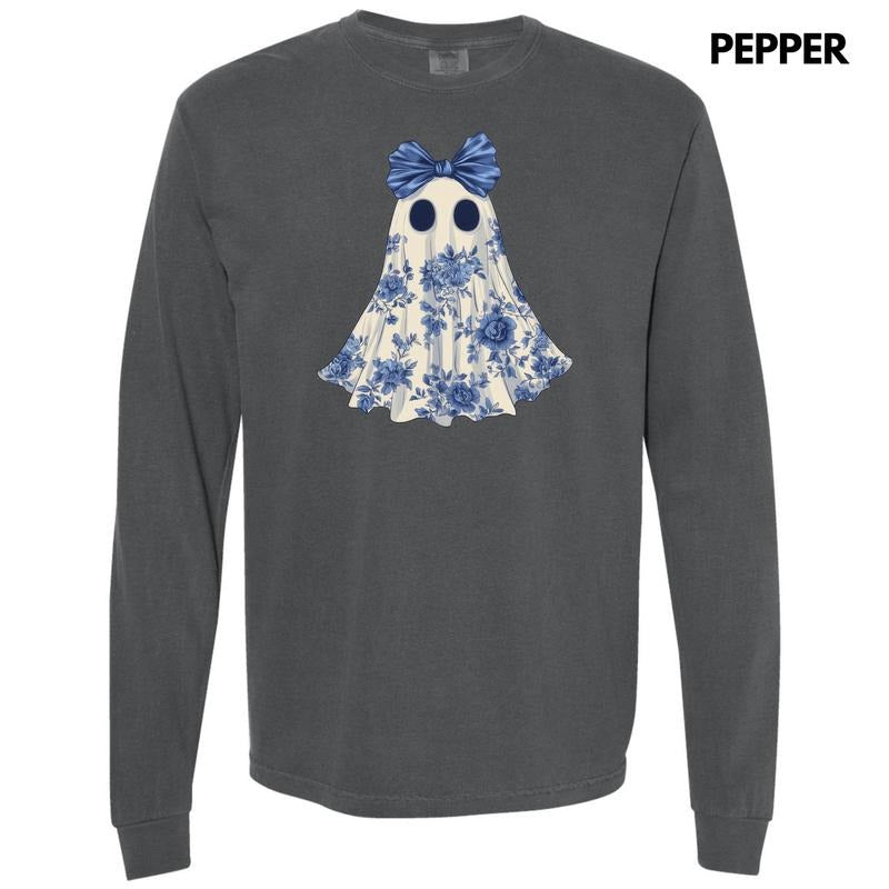 Ghostly Blue Florals Long Sleeve Comfort Colors T-Shirt 'NLB' Hoodie, Sweatshirt | RetroVerseTees.com