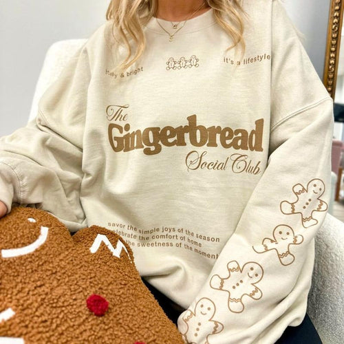 'Gingerbread Social Club' Sweatshirt, Festive Sleeve Print, Christmas Vibes Crewneck T-Shirts, Hoodie | RetroVerseTees.com