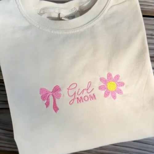'Girl Mom' Flowers & Bows T-Shirt, Embroidery Comfort Colors Mama Tee Hoodie, Sweatshirt | RetroVerseTees.com