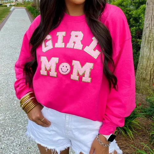 'Girl Mom' Letter Patch Sweatshirt T-Shirts, Hoodie | RetroVerseTees.com