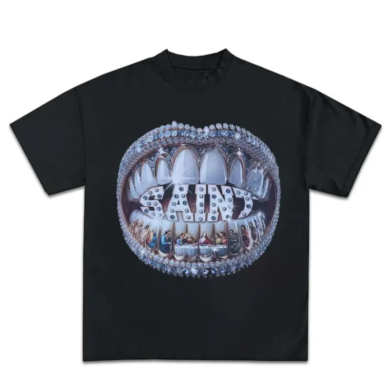Grillz Dinamond T Shirt Y2K Short Sleeve Tops Harajuku Hip Hop Retro Teeth Graphic Print Hoodie, Sweatshirt