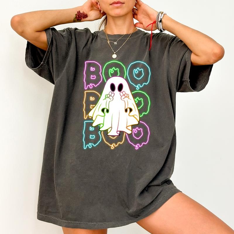 Halloween Boo Neon Shirt Comfort Colors, Cute Neon Ghost Halloween Tee, Funny Halloween Neon T-shirt For Women, Spooky...