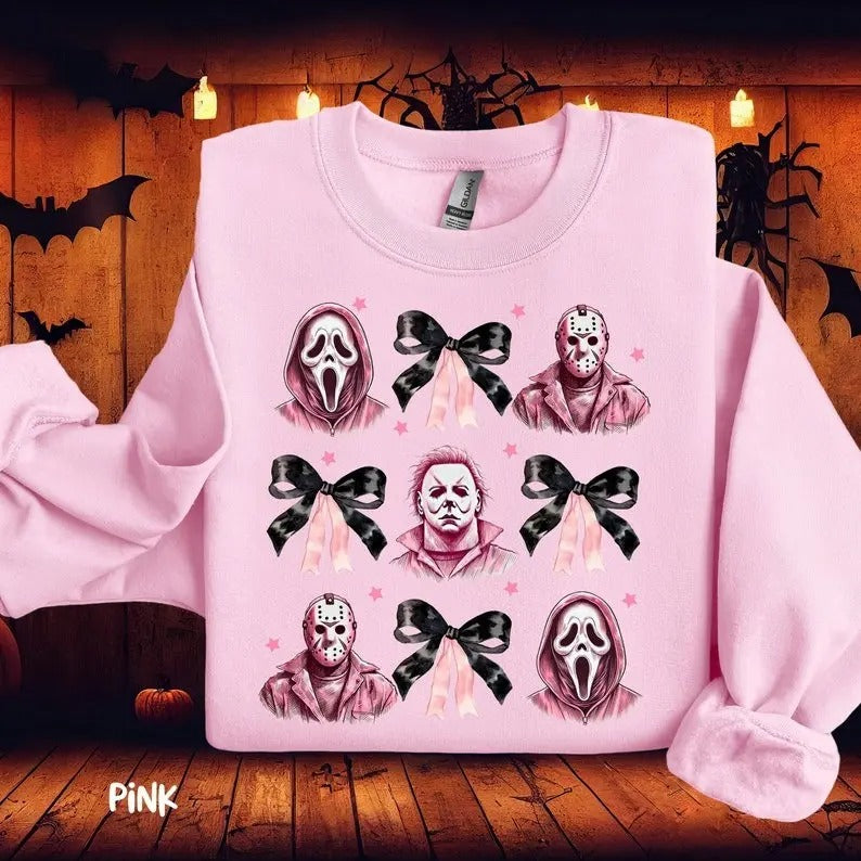 Halloween Horror Sweatshirt, Halloween Coquette Bow Sweatshirts, Horror Character Sweatshirt Halloween Character Shirt,...